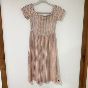 Roxy Smocked Striped Midi Dress Womens Small Orange Blue Cotton | Coastal Boho